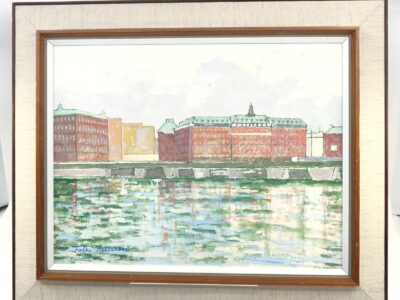 Folke Karlsson (1907-1988) olja på pannå vy mot Grand Hotel Stockholm signerad
