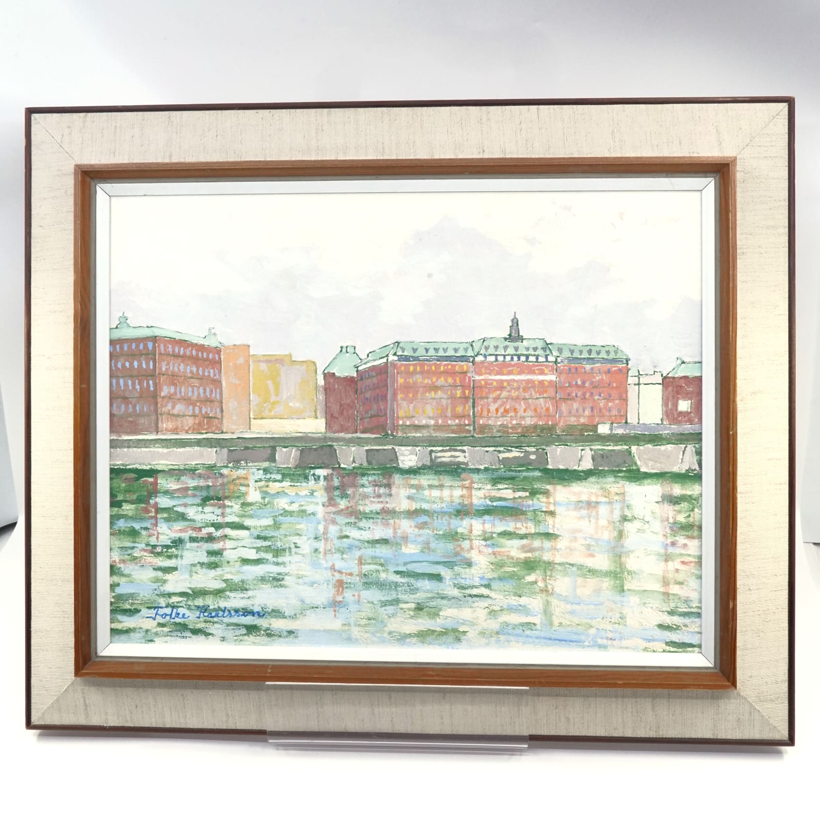 Folke Karlsson (1907-1988) olja på pannå vy mot Grand Hotel Stockholm signerad