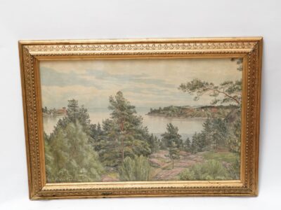 Axel Hilleström (1874 - ?) akvarell motiv av kustremsa & skog