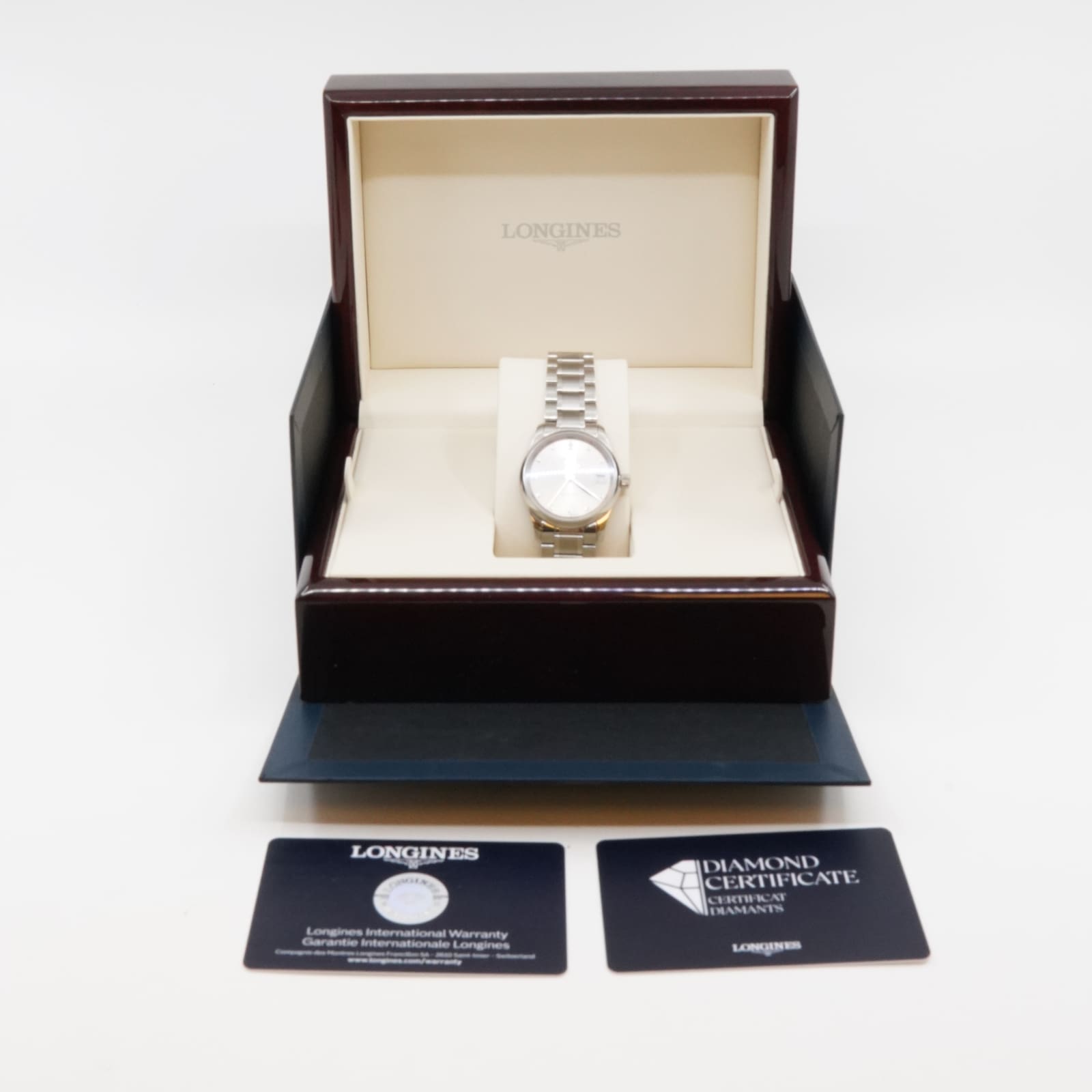 Armbandsur Longines, Master Collection Diamantindex, Stål, Boett 34mm Skelett-bakboett Automatisk Ref:L23574076 med diamantcertificat (VS-SI) samt warranty card i box.