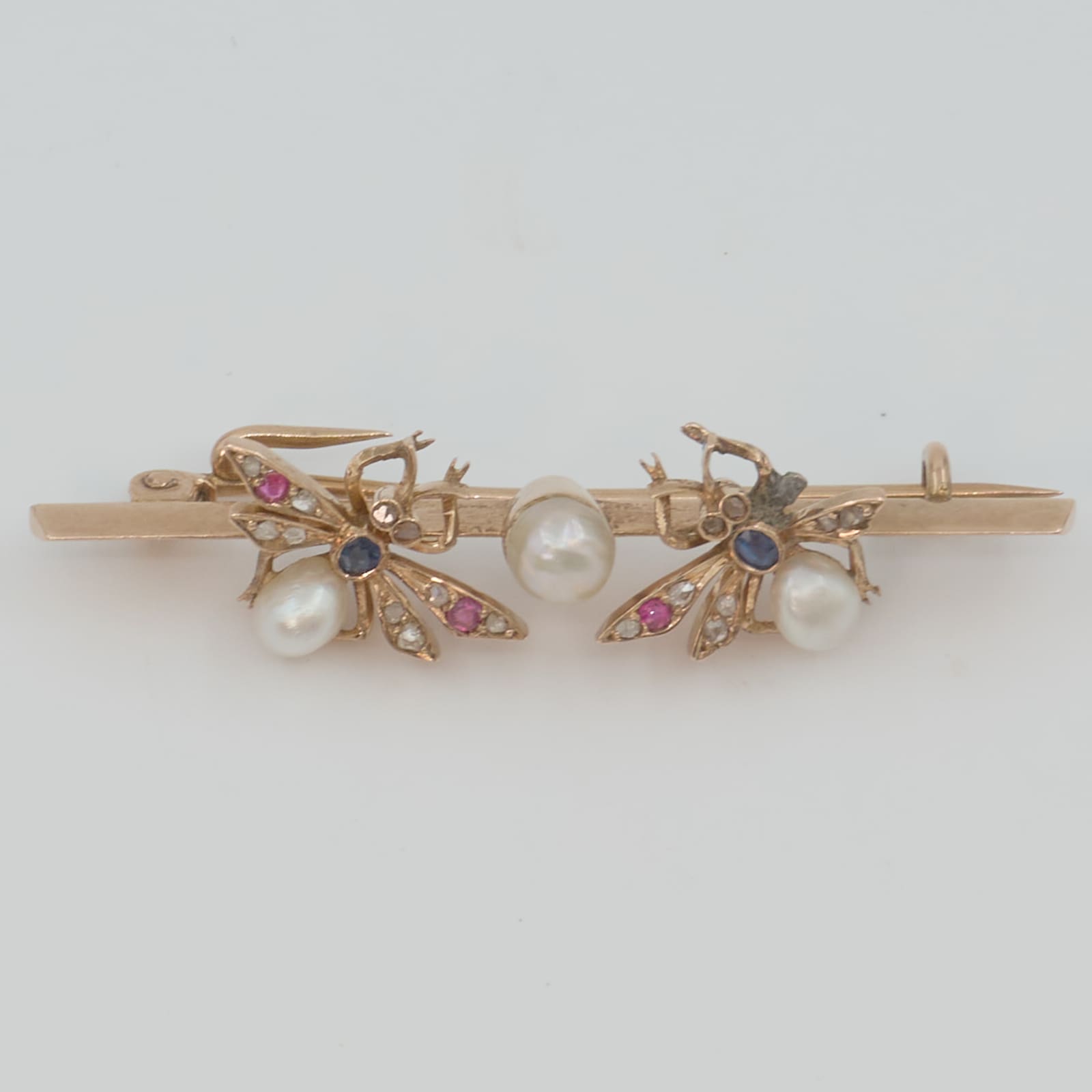 Brosch pärlor, stenar och rosenslipade diamanter Guld 14K 4,8g