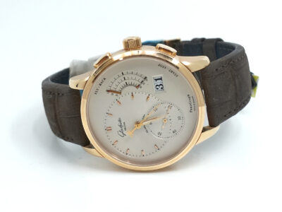 Glashutte PanoGraph 18K, manuell, 40mm, datum, kronograf, flyback, brunt alligatorarmband med viklås