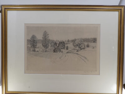 Torrnålsgravyr Hans Norsbo "Landskap i Dalarna"
