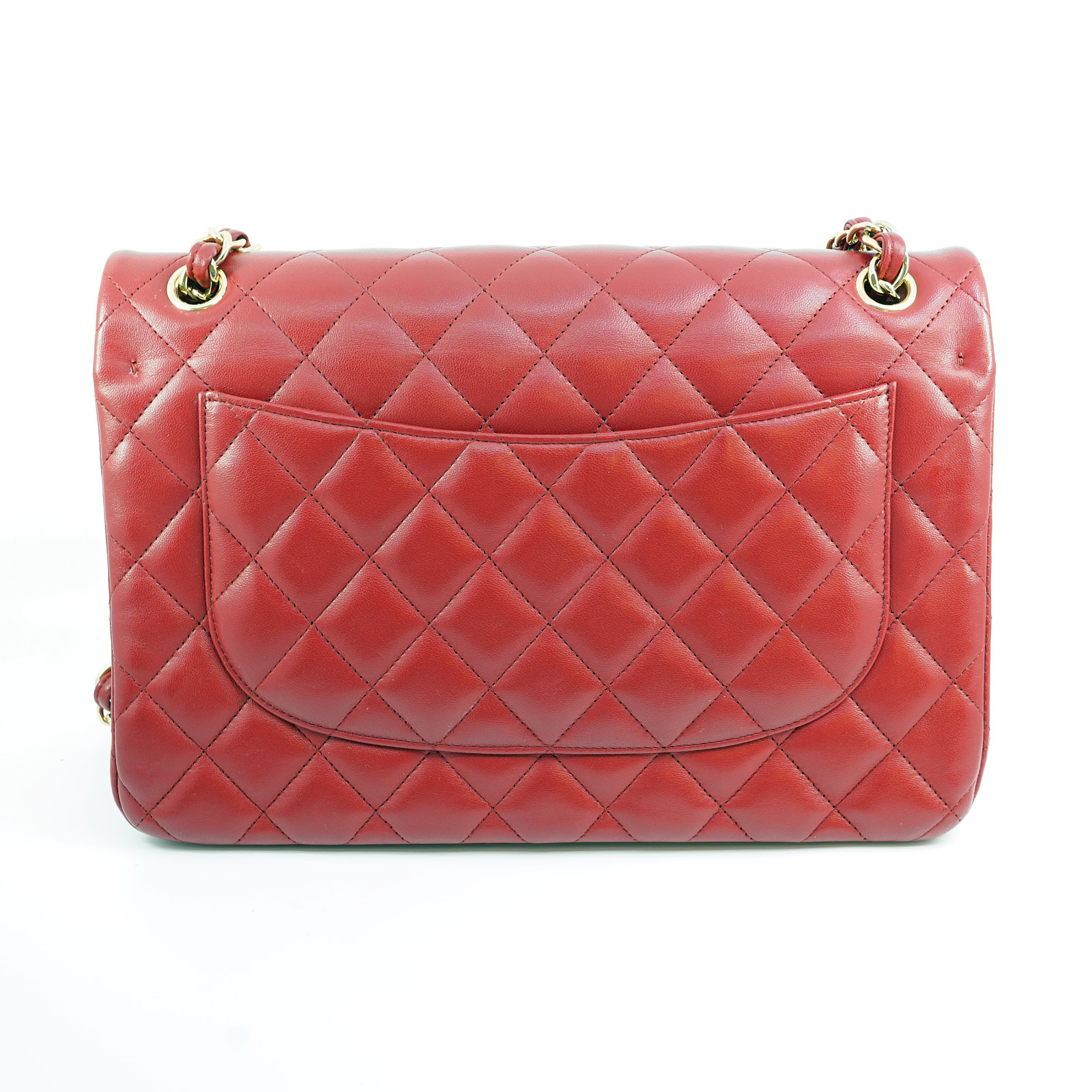 Chanel Classic Red Flap med guldfärgade beslag, bredd: 31cm höjd: 20cm