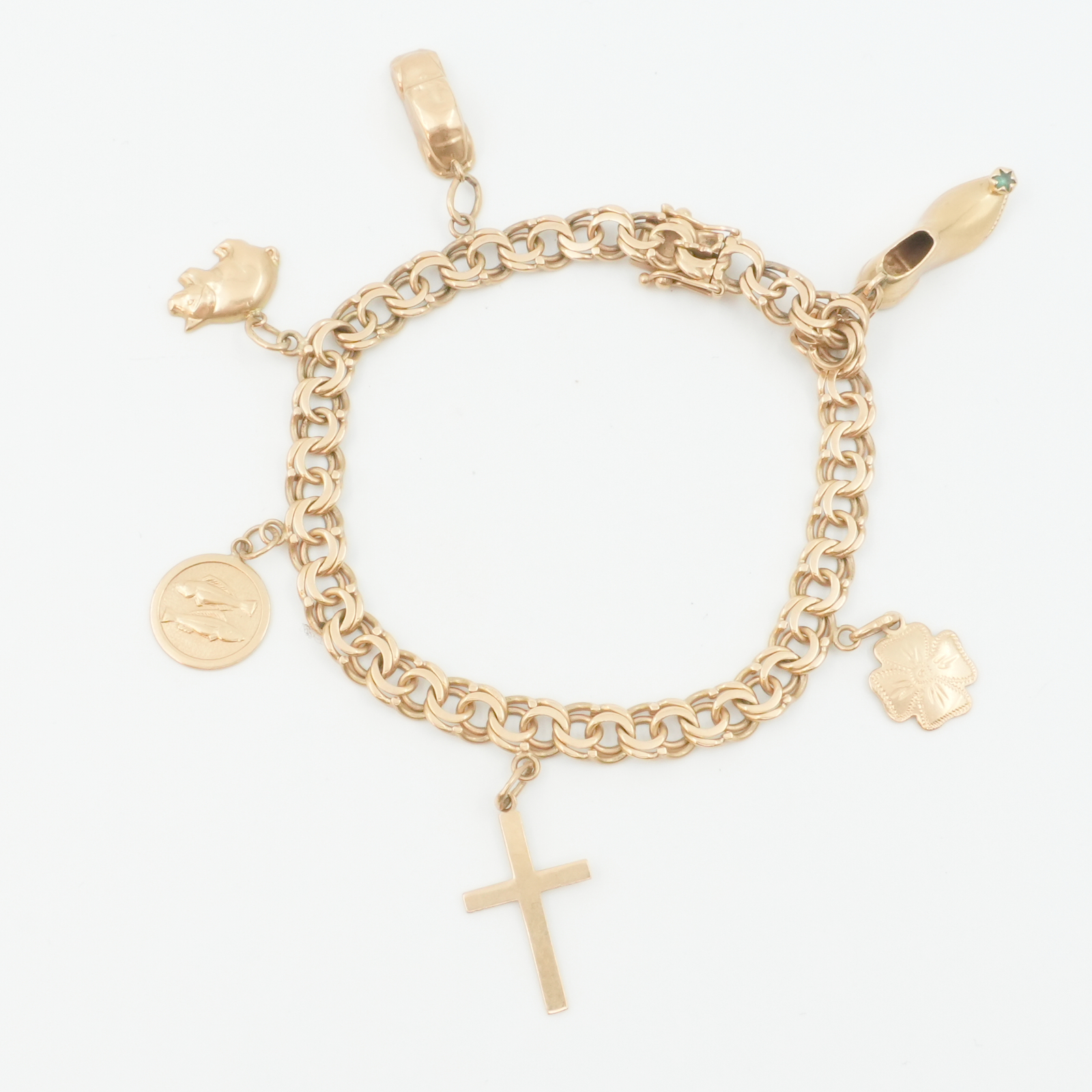 Armband Guld 18K Bismarck med sex berlocker 18,6g Längd 21cm
